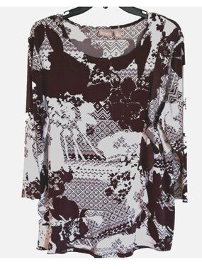 Chicos Top Womens L Brown White Abstract 3/4 Sleeve Stretch Tunic